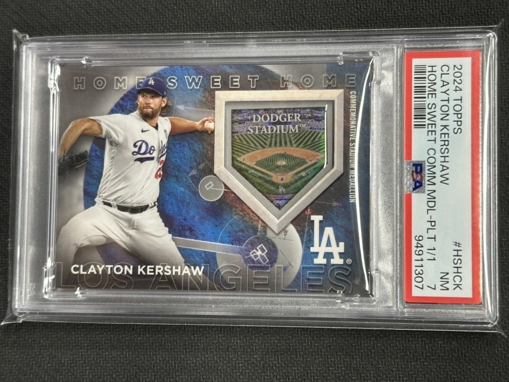 Clayton Kershaw 2024 Topps Home Sweet Home Relic Medallion PSA 7 1/1: Clayton Kershaw 2024 Topps Home Sweet Home Relic Medallion PSA 7 1/1 This 2024 Topps Home Sweet Home Relic Medallion baseball card features Clayton Kershaw, a star pitcher for the Los Angeles Dodgers.