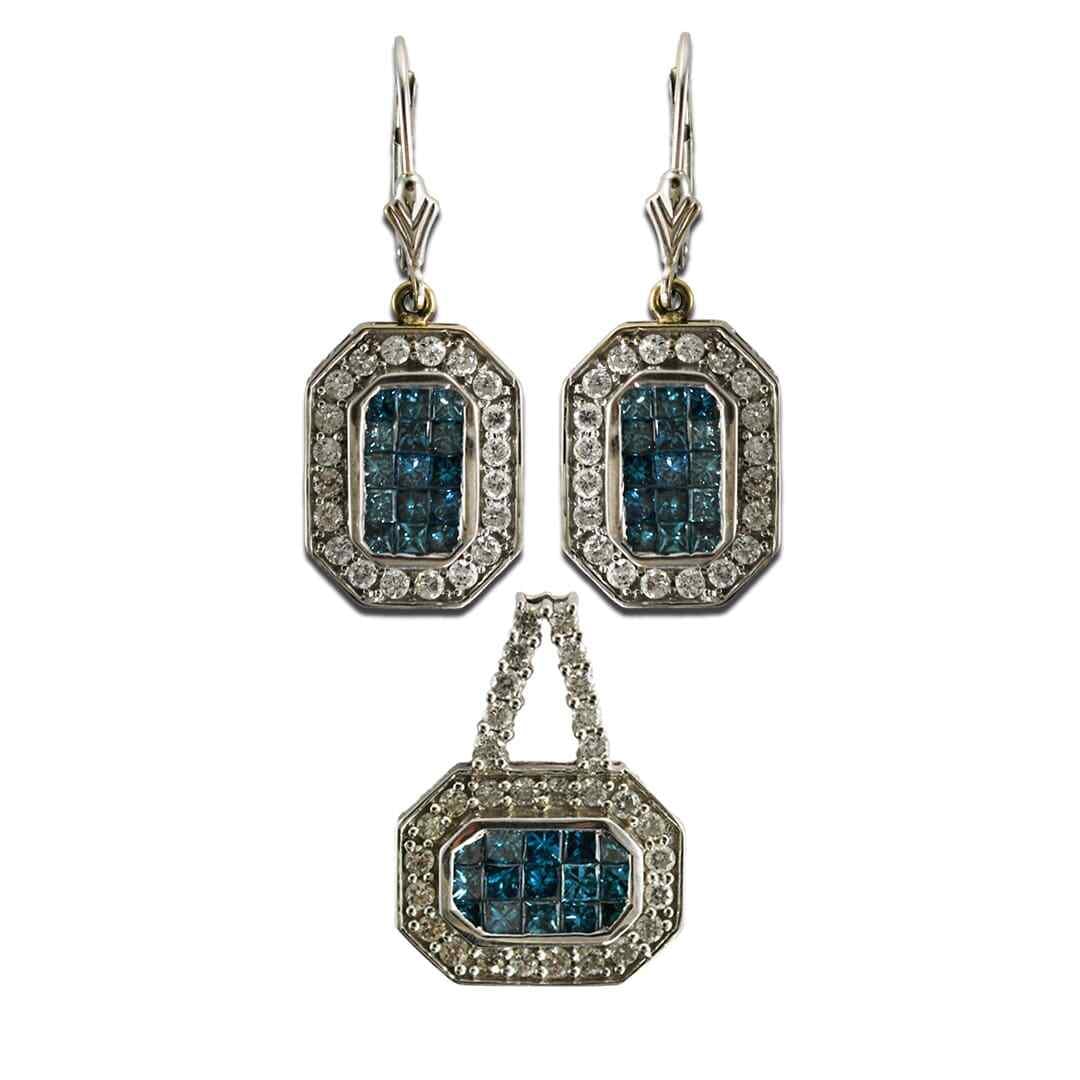 14K White Gold Diamond Jewelry Set With Blue Stones Pendant Earrings: 14K White Gold Diamond Jewelry Set With Blue Stones Pendant Earrings This jewelry set features a pair of dangle earrings and a matching pendant crafted in 14k white gold. Each piece showcases heat-tre
