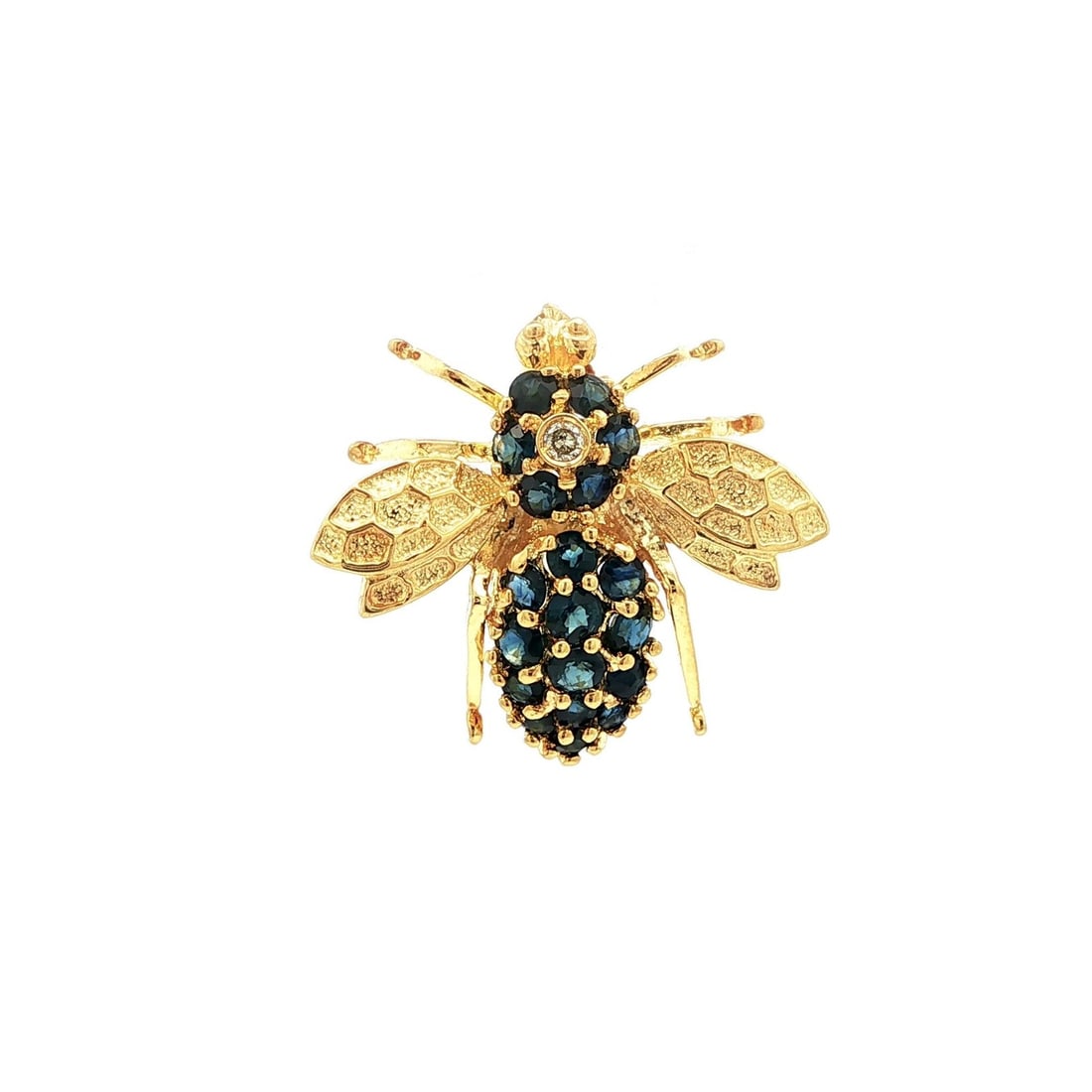 14k Yellow Gold Sapphire Diamond Bee Insect Brooch Pendant: 14k Yellow Gold Sapphire Diamond Bee Insect Brooch Pendant This exquisite 14k Yellow Gold brooch features a charming bee fly insect design, adorned with natural blue sapphires and a sparkling diamond.