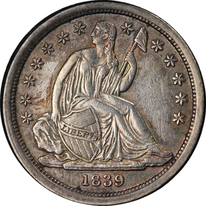Silver 1839 Philadelphia Seated Liberty Dime No Drapery About Uncirculated (1 of 2)
