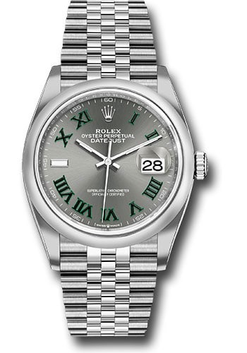 Datejust 36 Slate Roman Dial Jubilee Bracelet Ref 126200 New Style Card: Datejust 36 Slate Roman Dial Jubilee Bracelet Ref 126200 New Style Card This Rolex Datejust 36 features a slate Roman numeral dial and a smooth bezel, complemented by a Jubilee bracelet. The watch is 