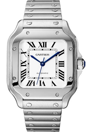 Santos de Cartier Medium Silver Dial Watch Ref WSSA0029/4075 With Card 2023: Santos de Cartier Medium Silver Dial Watch Ref WSSA0029/4075 With Card 2023 This Cartier Santos de Cartier Medium watch features a silver dial, a fixed bezel, and a matching bracelet. Designed for uni