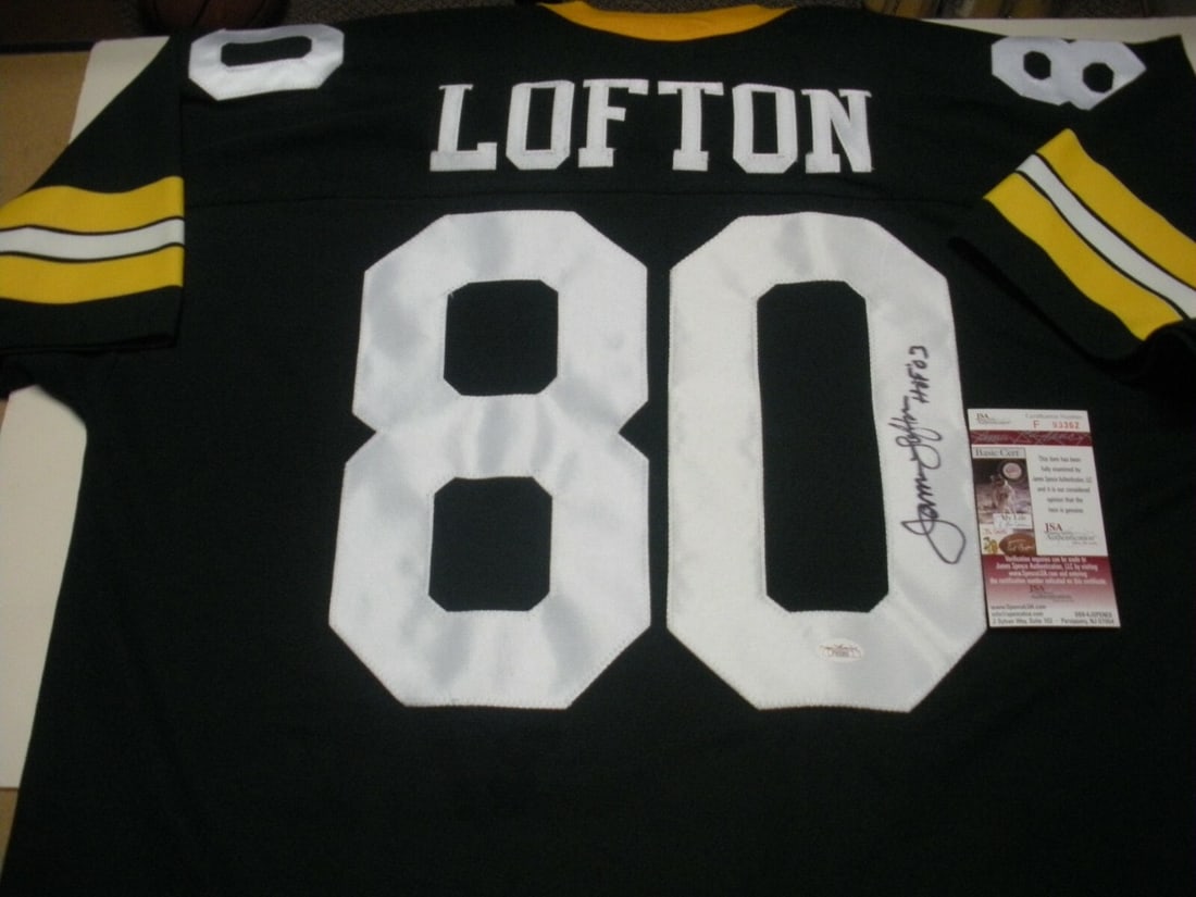 James Lofton Autographed Green Bay Football Jersey With JSA COA: James Lofton Autographed Green Bay Football Jersey With JSA COA This is an official licensed Green Bay football jersey signed by James Lofton. The jersey is authenticated with JSA/COA and is a pre-own