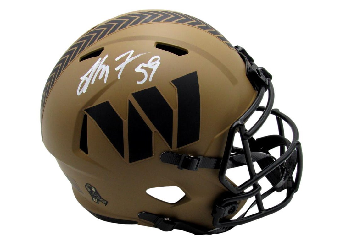 London Fletcher Signed Salute to Service Helmet JSA Certified Commanders: London Fletcher Signed Salute to Service Helmet JSA Certified Commanders This full-size replica football helmet features the signature of London Fletcher, honoring his contributions with the Washingto