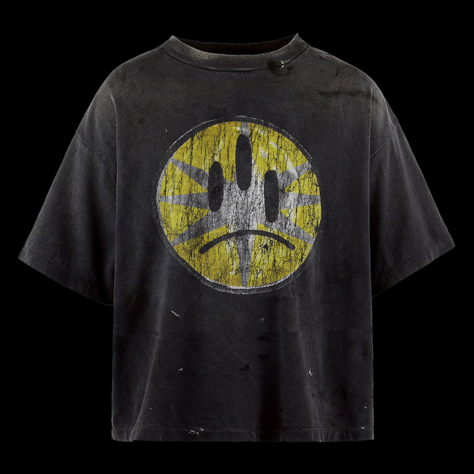 Frown Graphic Distressed Washed Black Oversized Cotton T-Shirt Small (1 of 2)