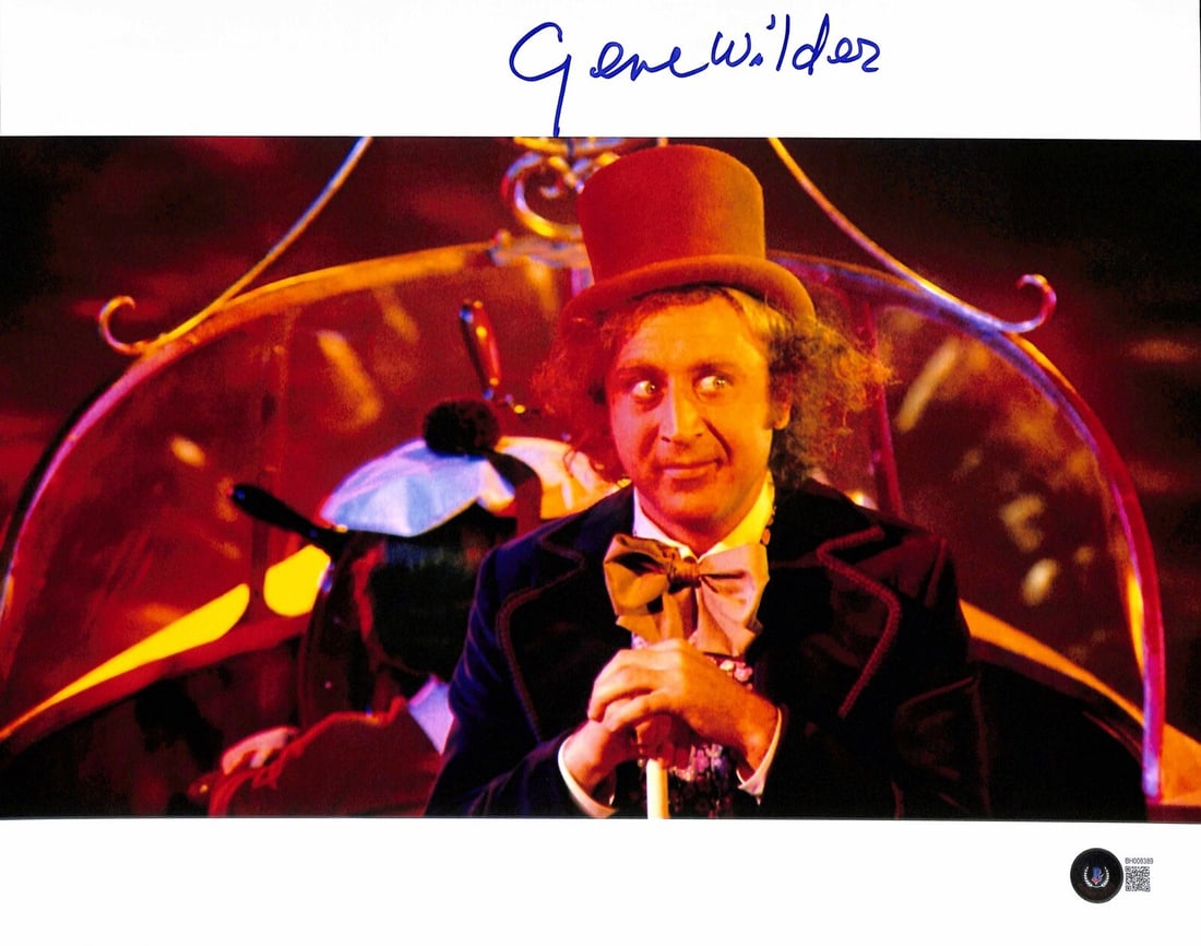 Gene Wilder Signed 11x14 Willy Wonka Photo Beckett Certified: Gene Wilder Signed 11x14 Willy Wonka Photo Beckett Certified This remarkable 11x14 photograph features a bold signature from the legendary actor Gene Wilder, known for his iconic role as Willy Wonka i