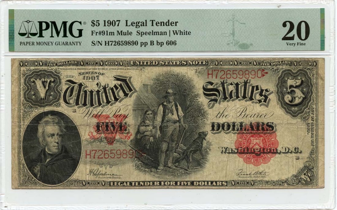1907 Five Dollar Legal Tender Note FR91m Mule PMG Graded VF20: 1907 Five Dollar Legal Tender Note FR91m Mule PMG Graded VF20 This is a 1907 $5 Legal Tender Note, FR#91m Mule, known as the 'Woodchopper' type. The note is certified by PMG with a grade of VF20, indi