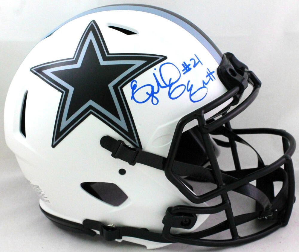Ezekiel Elliott Autographed Dallas Cowboys Lunar Helmet Beckett Authenticated: Ezekiel Elliott Autographed Dallas Cowboys Lunar Helmet Beckett Authenticated This authentic full-size helmet is signed by Ezekiel Elliott, a prominent player of the Dallas Cowboys. The helmet feature