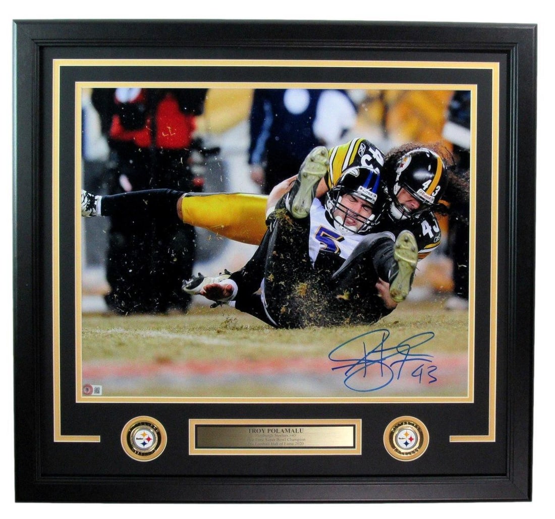 Framed 16x20 Steelers Photo Signed by Troy Polamalu HOF with Beckett Authentication: Framed 16x20 Steelers Photo Signed by Troy Polamalu HOF with Beckett Authentication This framed 16x20 photo features an authentic autograph from Troy Polamalu, commemorating his Hall of Fame status wi