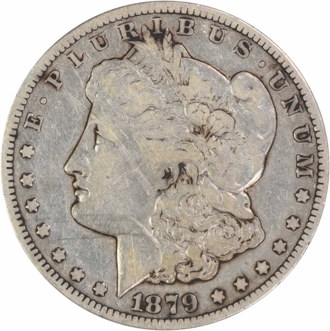 Carson City 1879 CC Morgan Silver Dollar Grade F: Carson City 1879 CC Morgan Silver Dollar Grade F This 1879-CC Morgan Silver Dollar is a circulated coin from the Carson City Mint. Composed of 90% silver and 10% copper, it features the classic design
