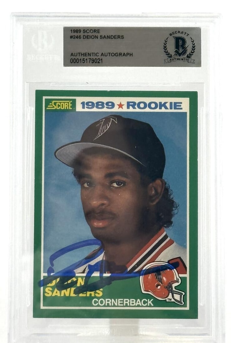Deion Sanders 1989 Score Rookie Autograph BGS 10 Falcons Card #246: Deion Sanders 1989 Score Rookie Autograph BGS 10 Falcons Card #246 This is a 1989 Score #246 Deion Sanders sports trading card featuring the Atlanta Falcons star. The card is an original, not a reprin