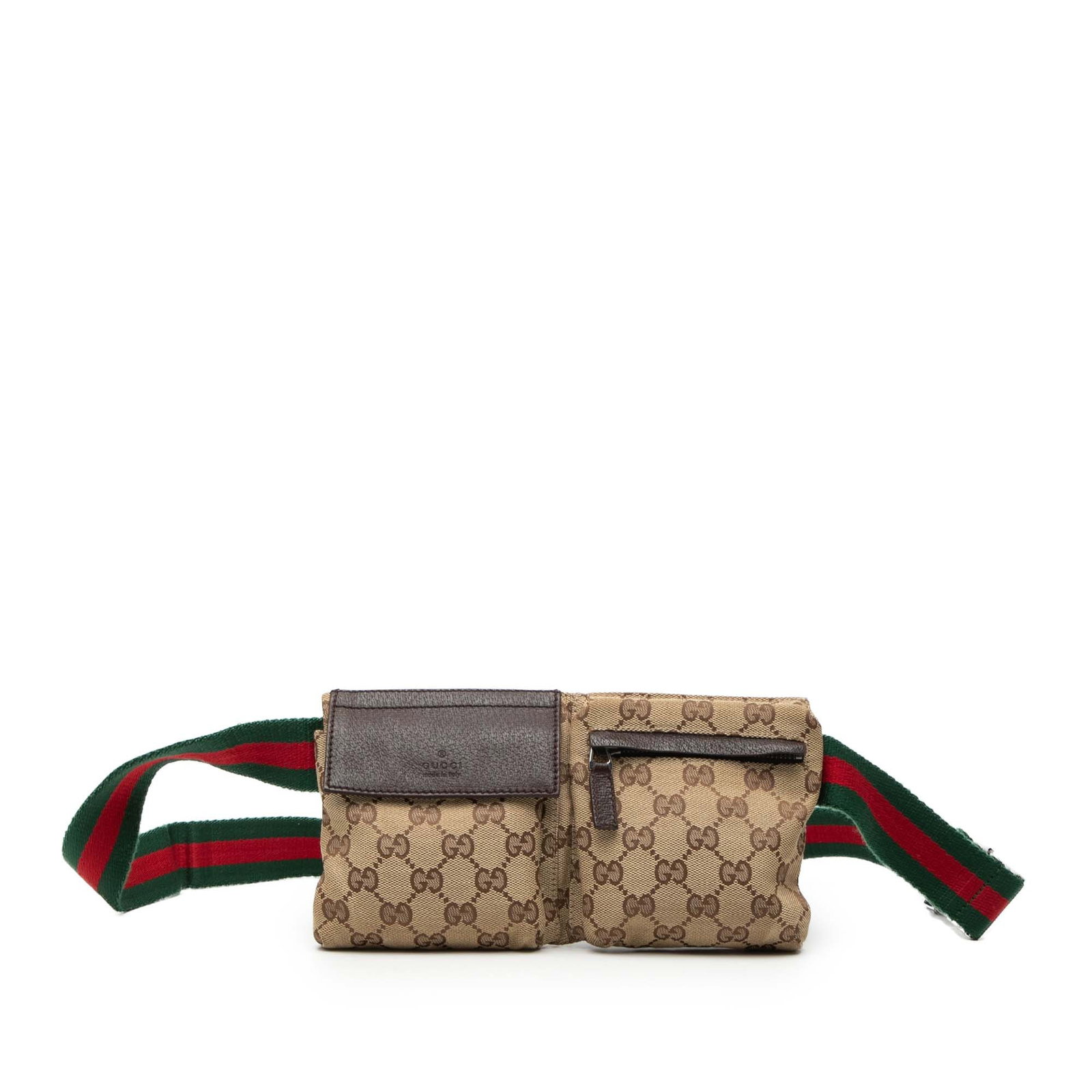 Gucci GG Canvas Web Belt Bag with Double Front Pockets: Gucci GG Canvas Web Belt Bag with Double Front Pockets This Gucci GG Canvas Web Double Pocket Belt Bag features a canvas body with leather trim, an adjustable web waist strap, front flap and zip pocke