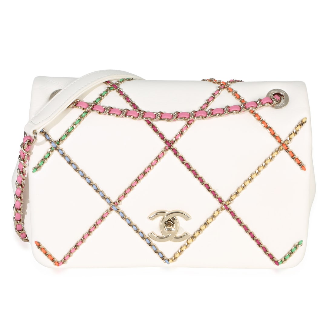 Chanel Small Flap Shoulder Bag White Lambskin Multicolor Chain 2021: Chanel Small Flap Shoulder Bag White Lambskin Multicolor Chain 2021 This Chanel Small Flap Bag is crafted from white lambskin leather with a multicolor chain intertwined throughout. The bag features a