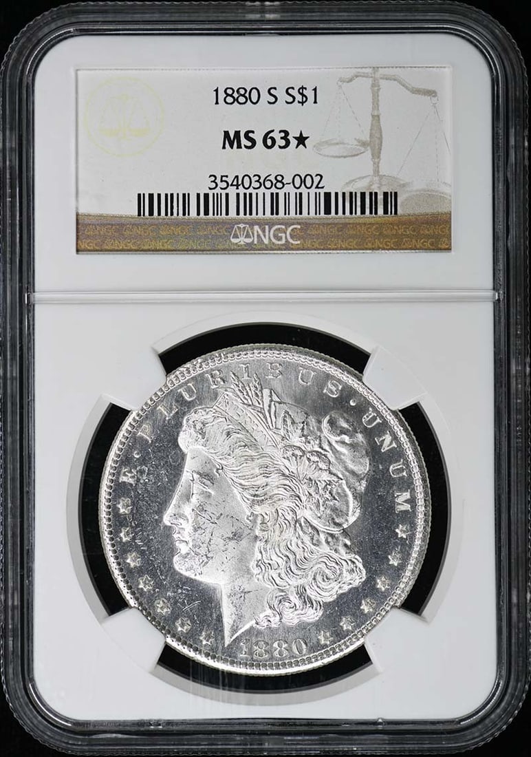 NGC MS63 Star 1880-S Morgan Dollar: NGC MS63 Star 1880-S Morgan Dollar This is an 1880 Morgan Dollar from the San Francisco Mint, graded MS63* (Star) by NGC. The coin is uncirculated and comes with NGC certification, making it a notable