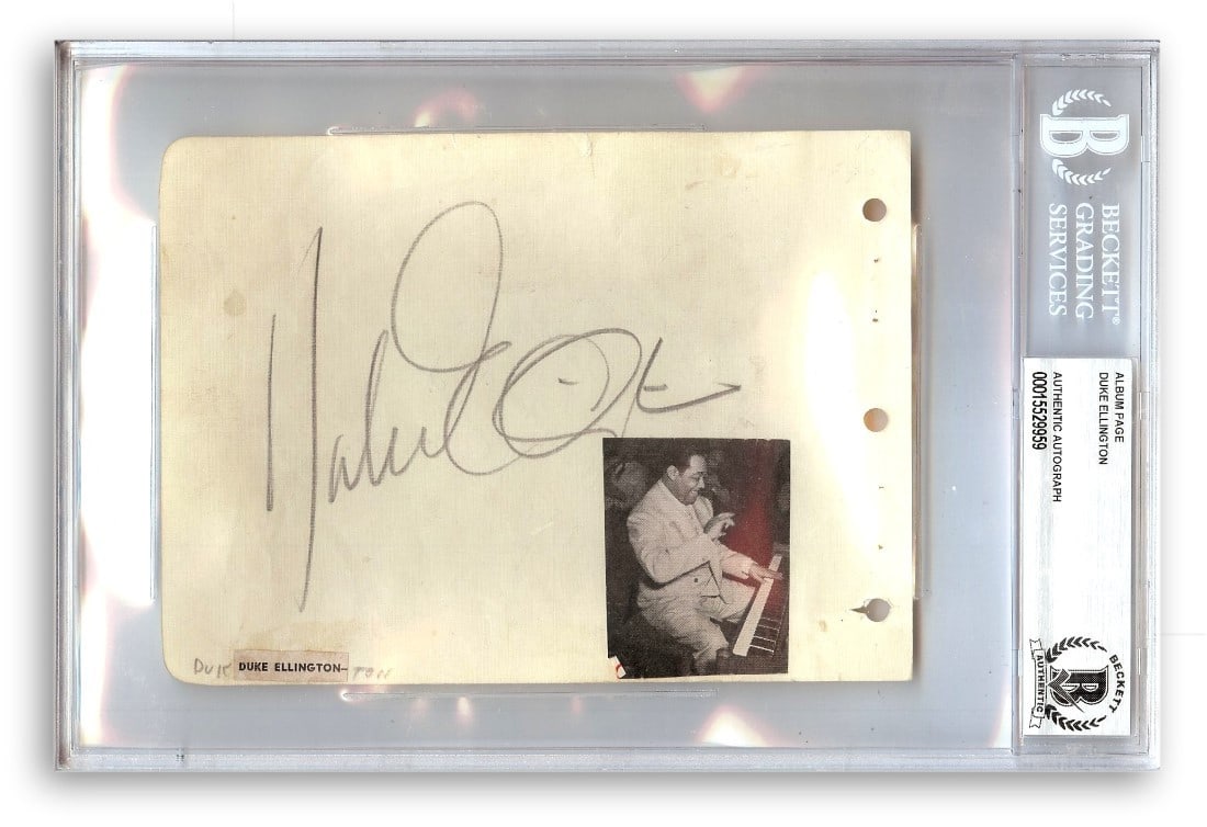 Duke Ellington Autographed Cut Signature Beckett Authenticated 6 x 9: Duke Ellington Autographed Cut Signature Beckett Authenticated 6 x 9 This is an original cut signature of Duke Ellington, the legendary jazz musician. The autograph has been authenticated by Beckett A