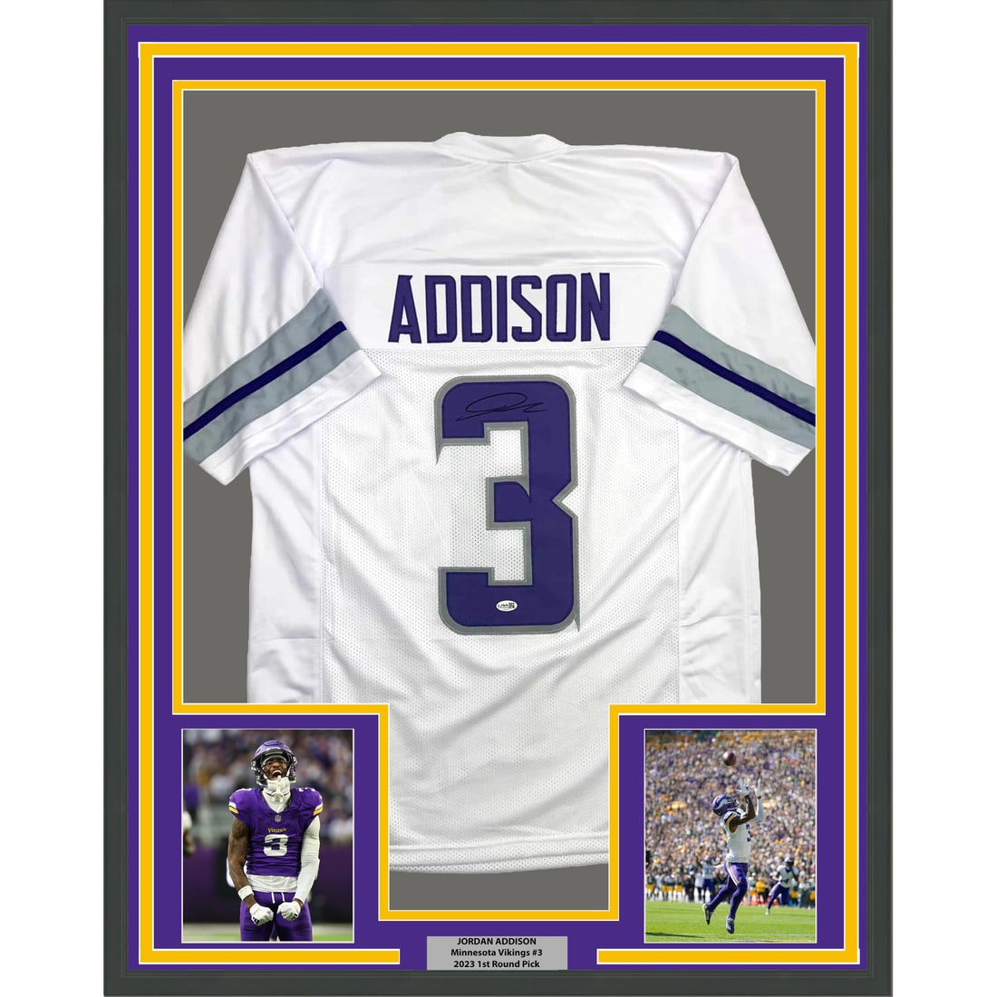 Jordan Addison Signed Minnesota Vikings ALT Jersey Framed 35x39 JSA Authenticated: Jordan Addison Signed Minnesota Vikings ALT Jersey Framed 35x39 JSA Authenticated This professionally framed and matted Minnesota Vikings alternate jersey is autographed by Jordan Addison. The display