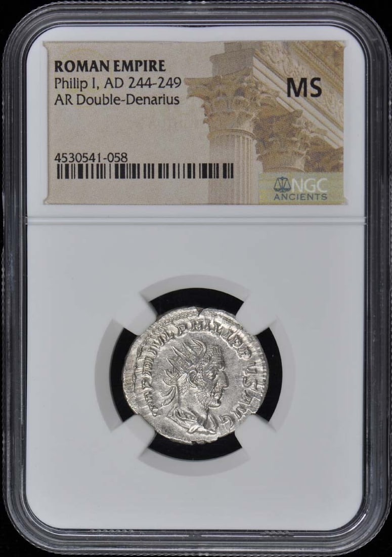 Philip I AR Double-Denarius Ancient Roman Coin NGC MS60: Philip I AR Double-Denarius Ancient Roman Coin NGC MS60 This ancient Roman AR Double-Denarius from the reign of Philip I (AD 244-249) is a remarkable piece for collectors. Certified by NGC with a grad