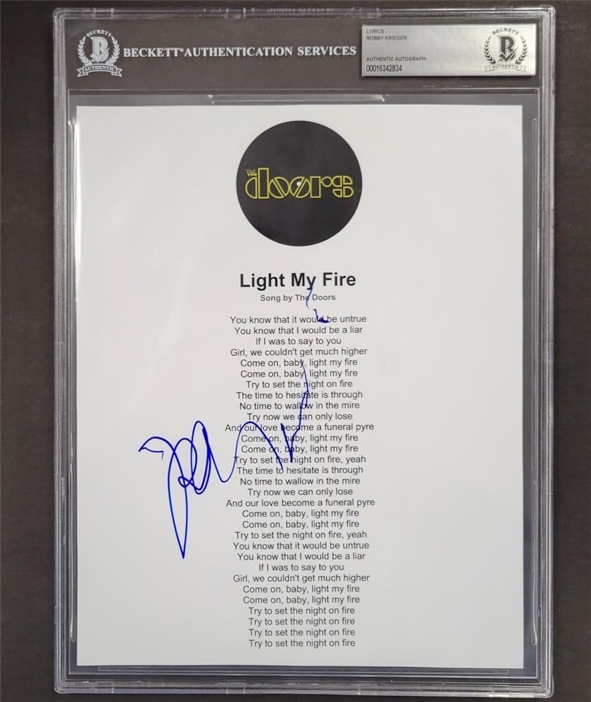 8x10 Photograph Signed by Robby Krieger Light My Fire Beckett Authenticated: 8x10 Photograph Signed by Robby Krieger Light My Fire Beckett Authenticated This is an original 8x10 photograph featuring a song lyric sheet for "Light My Fire" signed by Robby Krieger of The Doors. T