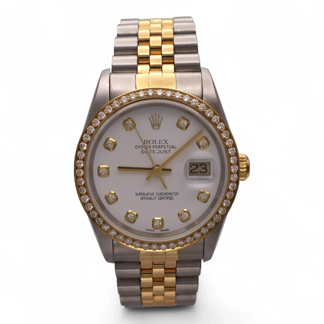 Datejust 16263 Wristwatch with Custom Diamond Dial and Bezel in 18K Gold: Datejust 16263 Wristwatch with Custom Diamond Dial and Bezel in 18K Gold This Rolex Datejust wristwatch features a custom diamond-set bezel and dial, giving it a luxurious appearance. The watch is cra