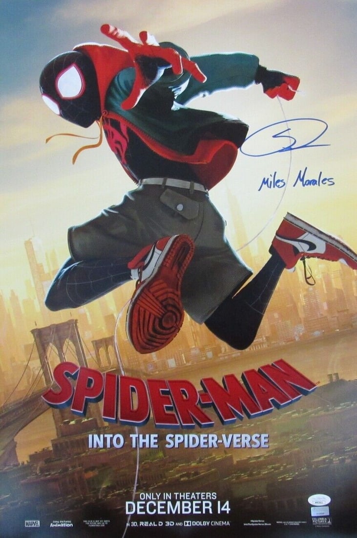 Shameik Moore Signed 24x16 Spiderman Poster JSA Authenticated: Shameik Moore Signed 24x16 Spiderman Poster JSA Authenticated This is a signed 24x16 poster featuring Shameik Moore as Spider-Man from the animated film 'Into the Spider-Verse'. The autograph is authe