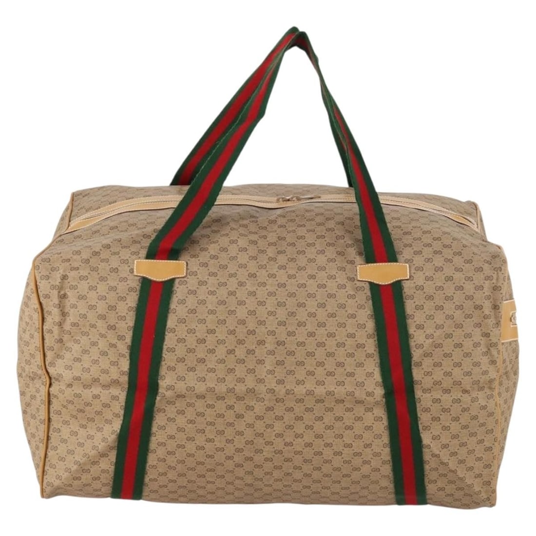 Gucci Canvas Duffle Bag with Web Trim Beige Unisex 46cm: Gucci Canvas Duffle Bag with Web Trim Beige Unisex 46cm This Gucci Web Trim Weekend Duffle Bag is crafted from GG coated canvas in beige, featuring signature web trim detailing. Designed for unisex us