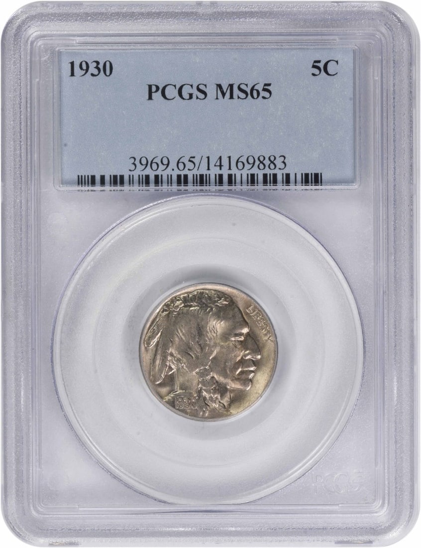 1930 United States 5C Buffalo Nickel PCGS MS65 Certified Uncirculated Coin: 1930 United States 5C Buffalo Nickel PCGS MS65 Certified Uncirculated Coin This is a 1930 Buffalo Nickel graded MS65 by PCGS. The coin is uncirculated, features a denomination of 5 cents, and is compo