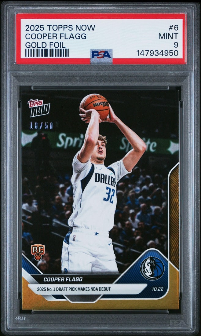 Cooper Flagg Gold Foil Topps Now Rookie Card PSA 9 Serial Numbered to 50: Cooper Flagg Gold Foil Topps Now Rookie Card PSA 9 Serial Numbered to 50 This is a graded 2025 Topps Now Cooper Flagg #6 Gold Foil rookie basketball card, featuring Cooper Flagg of the Dallas Maverick