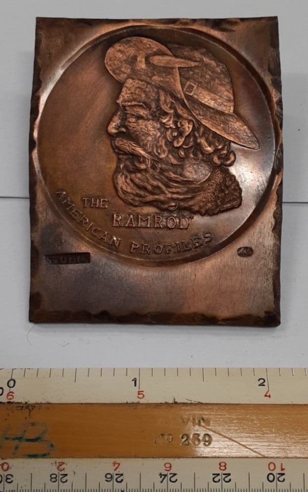 1960s Copper Studio Trial Plate Ramrod Design by H Alvin Sharpe: 1960s Copper Studio Trial Plate Ramrod Design by H Alvin Sharpe This vintage studio trial copper plate from the 1960s features "The Ramrod" design by H. Alvin Sharpe. It was struck in copper and displ