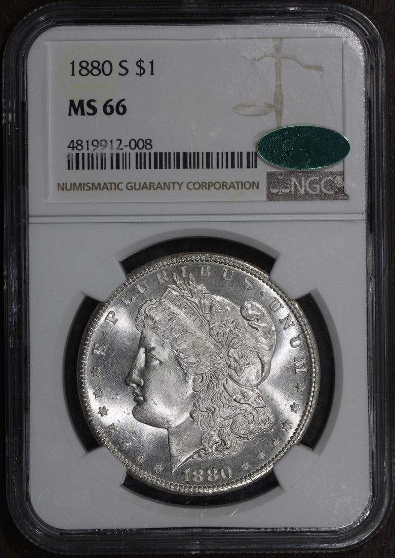 NGC MS66 CAC 1880 San Francisco Morgan Silver Dollar: NGC MS66 CAC 1880 San Francisco Morgan Silver Dollar This is an un-used 1880-S Morgan Silver Dollar with a fineness of 0.9, minted in San Francisco. The coin is graded MS 66 by NGC and has been approv
