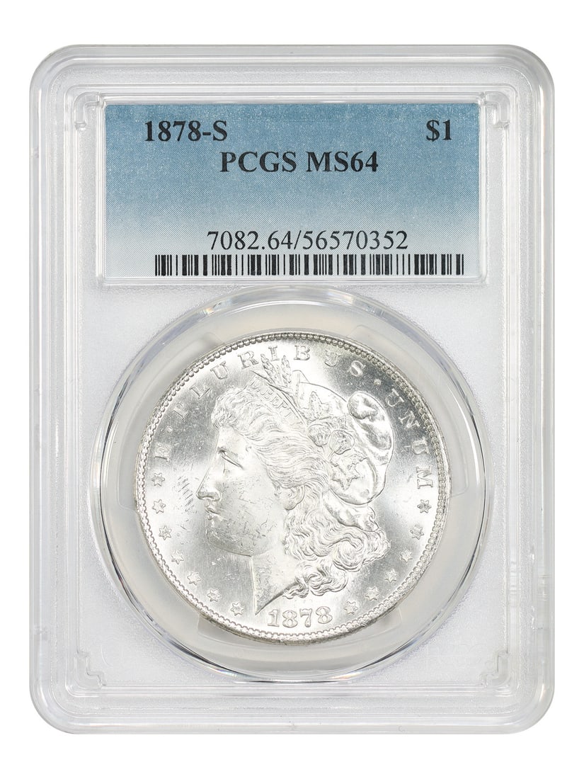 PCGS MS64 1878 San Francisco Morgan Silver Dollar First S-Mint Year: PCGS MS64 1878 San Francisco Morgan Silver Dollar First S-Mint Year This 1878-S Morgan Dollar is a first year San Francisco Mint issue, graded MS64 by PCGS. Known for its popularity among collectors, 