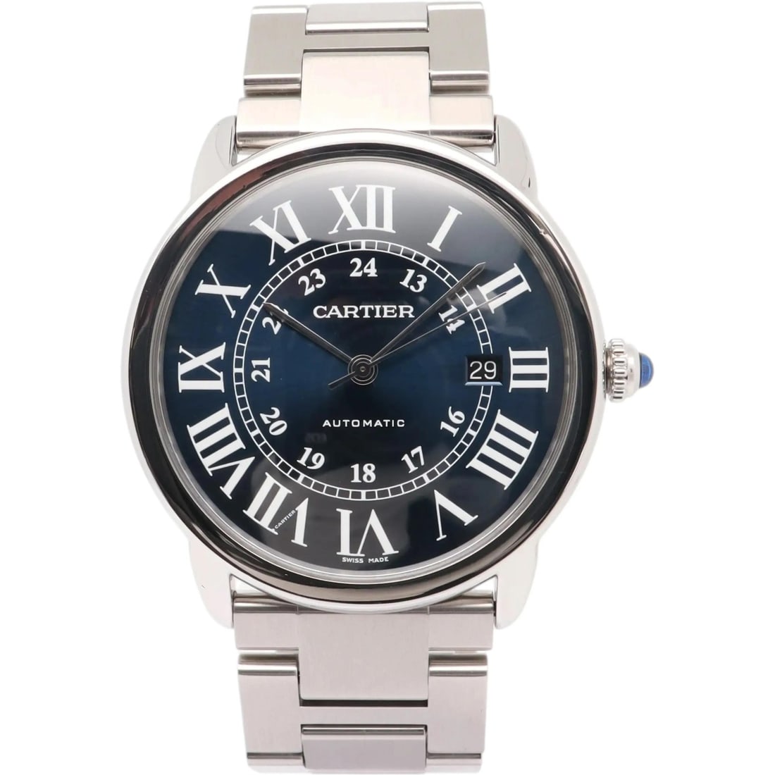 Ronde Solo XL 42mm Stainless Steel Blue Dial Automatic Men's Watch: Ronde Solo XL 42mm Stainless Steel Blue Dial Automatic Men's Watch This Cartier Ronde Solo XL 42 is a luxury men's wristwatch featuring a striking blue sunburst dial with Roman numeral indices and a d