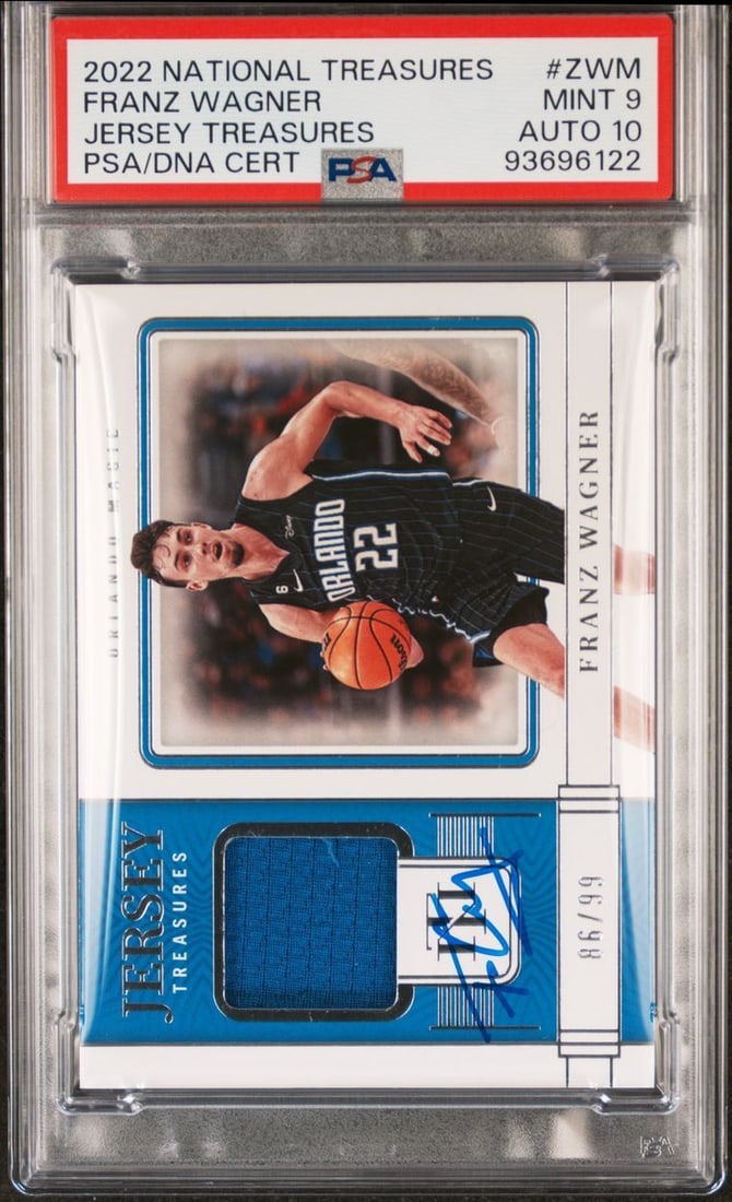 2022 National Treasures Franz Wagner Signed Card Mint 9 AUTO 10 PSA/DNA: 2022 National Treasures Franz Wagner Signed Card Mint 9 AUTO 10 PSA/DNA This is a 2022 National Treasures #ZWM signed card featuring Franz Wagner, a prominent player for the Orlando Magic. The card is