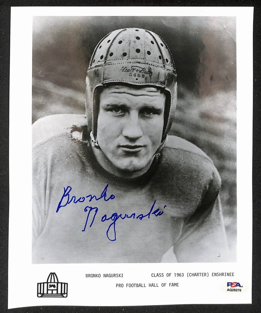 Bronko Nagurski Autographed 8x10 Pro Football Hall of Fame Photo PSA DNA Authenticated: Bronko Nagurski Autographed 8x10 Pro Football Hall of Fame Photo PSA DNA Authenticated This is an original 8x10 official Pro Football Hall of Fame photo signed by Bronko Nagurski. The photo is authent