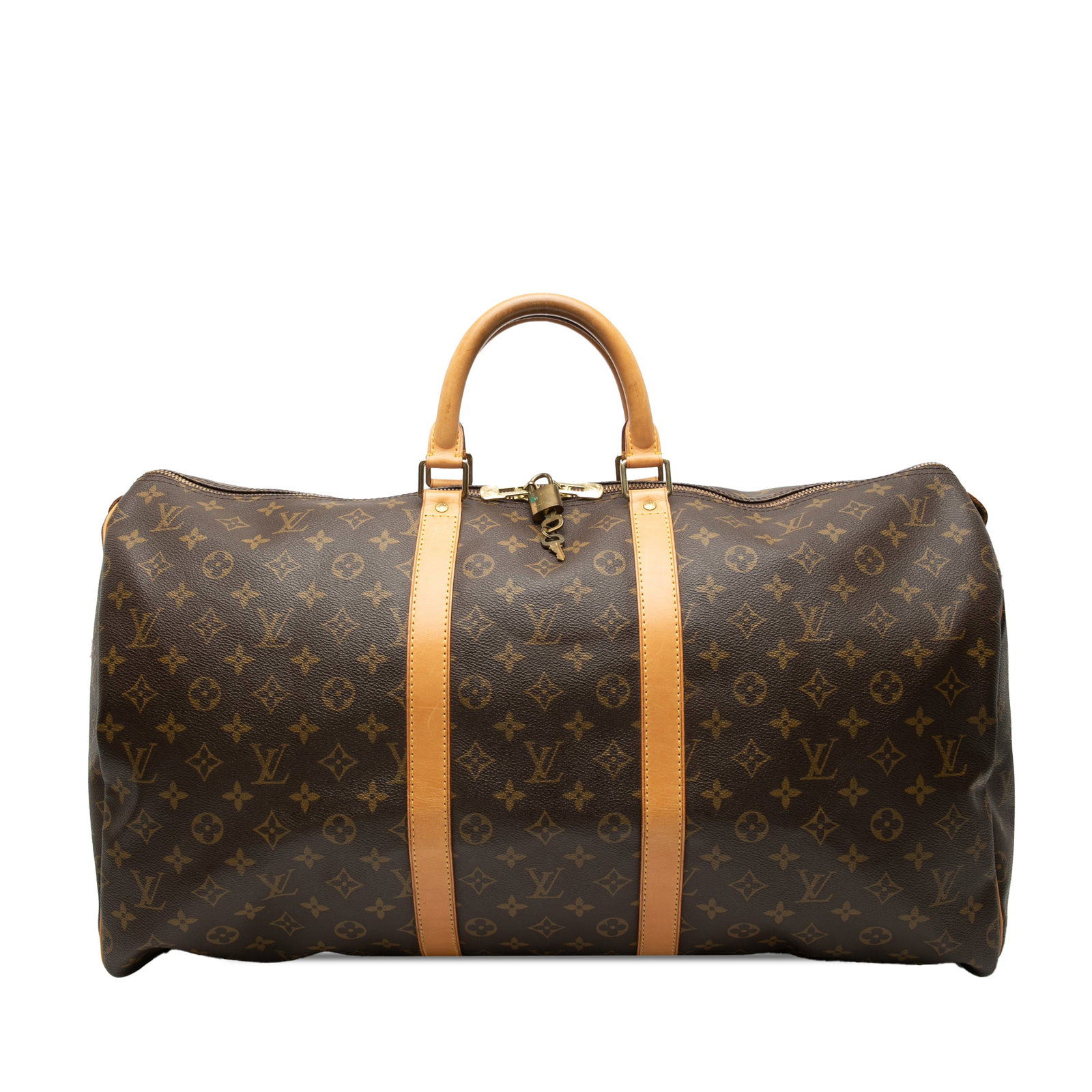 Louis Vuitton Keepall 55 Brown Monogram Canvas Travel Bag: Louis Vuitton Keepall 55 Brown Monogram Canvas Travel Bag The Louis Vuitton Monogram Keepall 55 is crafted from the brand's iconic monogram canvas with rolled vachetta leather handles and a top zip cl