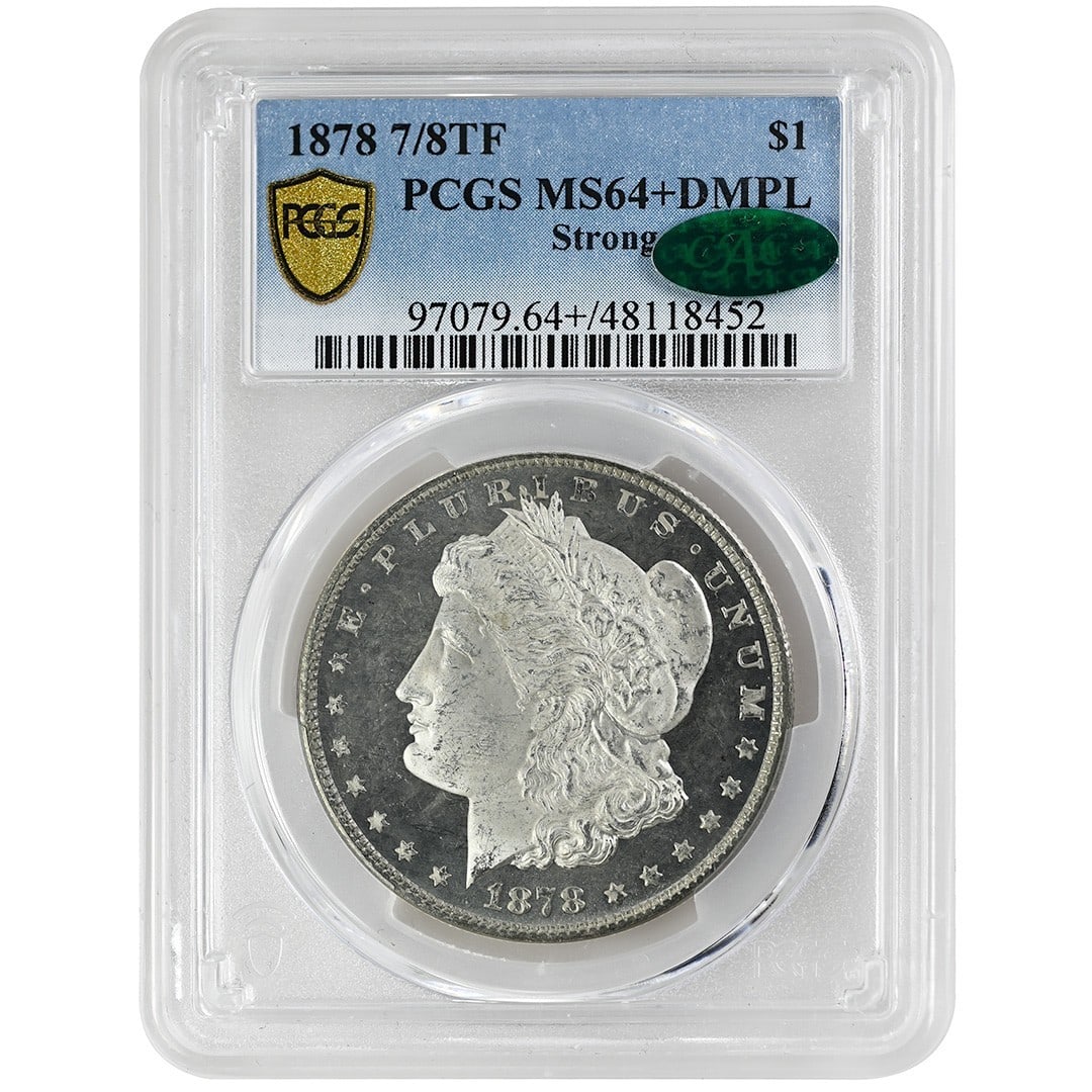 PCGS CAC 1878 7/8TF Morgan Dollar Silver $1 MS64+DMPL Philadelphia: PCGS CAC 1878 7/8TF Morgan Dollar Silver $1 MS64+DMPL Philadelphia This 1878 Morgan Dollar features the rare 7/8 Tail Feathers variety and is graded MS64+DMPL by PCGS with CAC approval. Struck in Phil