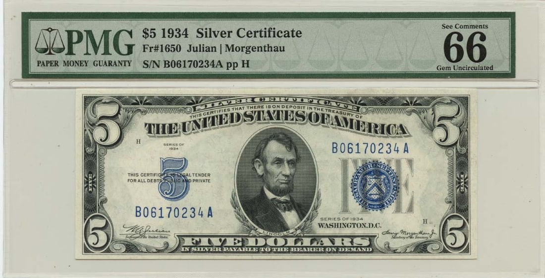 1934 $5 Silver Certificate Fr# 1650 PMG Gem 66EPQ Uncirculated: 1934 $5 Silver Certificate Fr# 1650 PMG Gem 66EPQ Uncirculated This 1934 $5 Silver Certificate (Fr# 1650) is a remarkable piece for collectors, certified by PMG with a grade of Gem 66 EPQ, indicating 