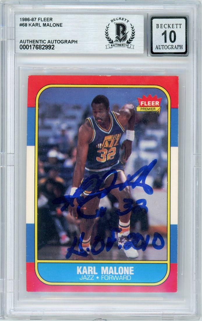 Karl Malone Signed 1986 Fleer Rookie Card With HOF Inscription BGS Auto 10 (1 of 2)