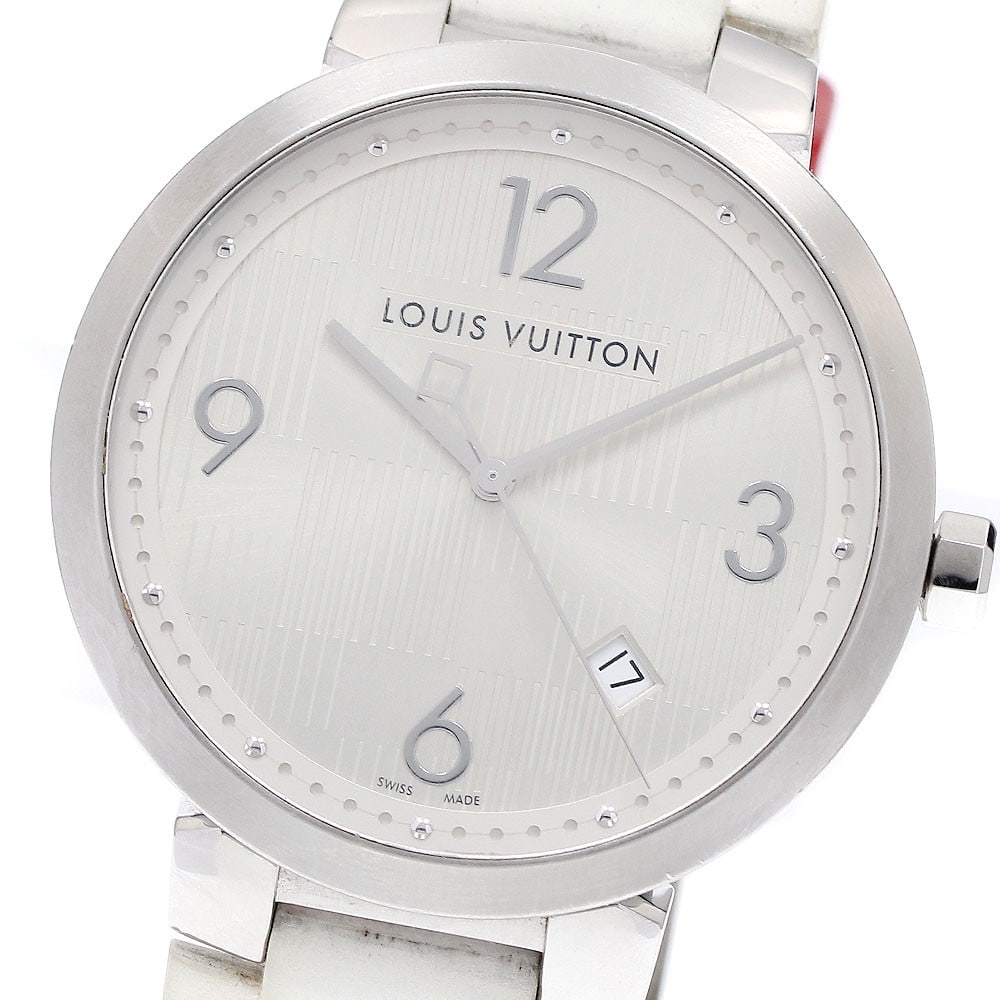Louis Vuitton Tambour Damier quartz date men's wristwatch Q1D01: Louis Vuitton Tambour Damier quartz date men's wristwatch Q1D01 This Louis Vuitton Q1D01 Tambour Damier Date Quartz men's wristwatch features a stainless steel case and a rubber strap. The watch is eq