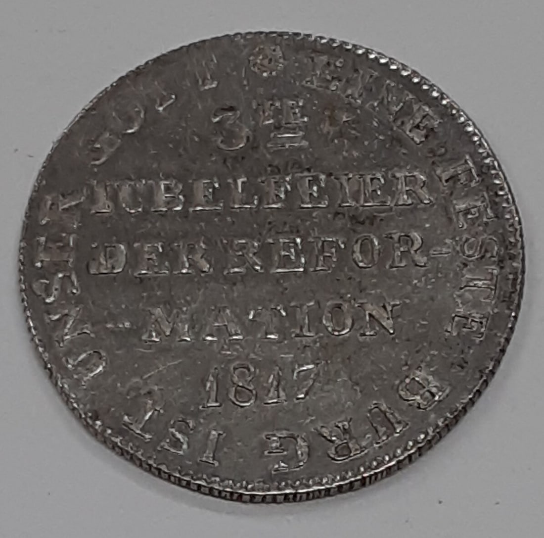1817 Silver Ducat Frankfurt Germany Reformation 300th Anniversary Commemorative Coin: 1817 Silver Ducat Frankfurt Germany Reformation 300th Anniversary Commemorative Coin This Germany Frankfurt 1817 medallic silver ducat commemorates the 300th anniversary of the Reformation. The coin i