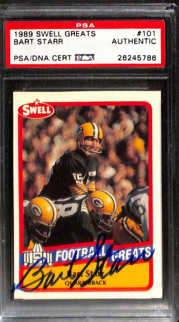 Bart Starr 1989 Swell Greats #101 Signed Card PSA/DNA Authentic: Bart Starr 1989 Swell Greats #101 Signed Card PSA/DNA Authentic This is an autographed 1989 Swell Greats #101 sports trading card featuring Hall of Famer Bart Starr, a legendary quarterback for the Gr