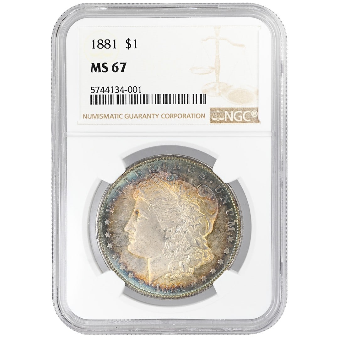 1881 Morgan Dollar NGC MS67 Silver $1 Philadelphia: 1881 Morgan Dollar NGC MS67 Silver $1 Philadelphia This 1881 Morgan Dollar is an uncirculated coin from the United States, minted in Philadelphia. Graded MS67 by NGC, this rare coin is noted for its e