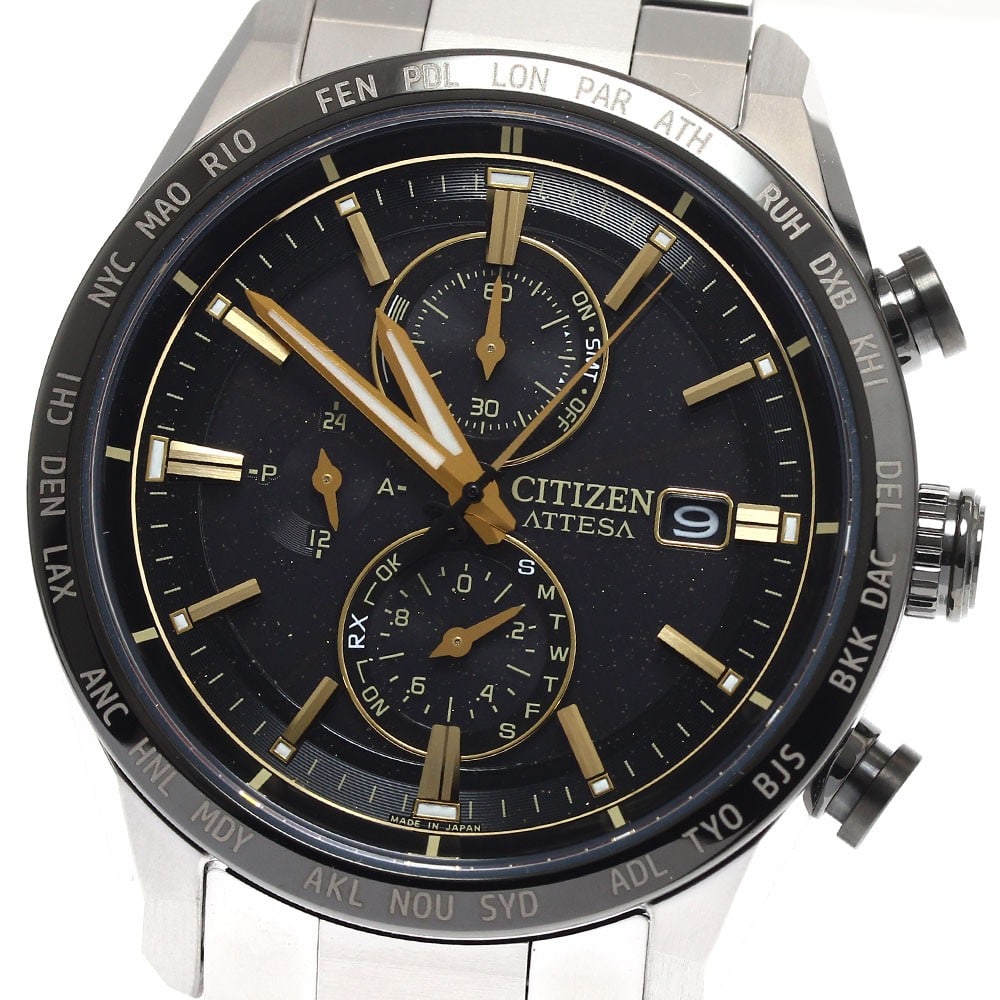 Citizen Attesa Eco-Drive titanium solar radio-controlled men's watch: Citizen Attesa Eco-Drive titanium solar radio-controlled men's watch This CITIZEN Attesa Eco-Drive men's wristwatch features a titanium case and band with a black dial. The watch is powered by a solar