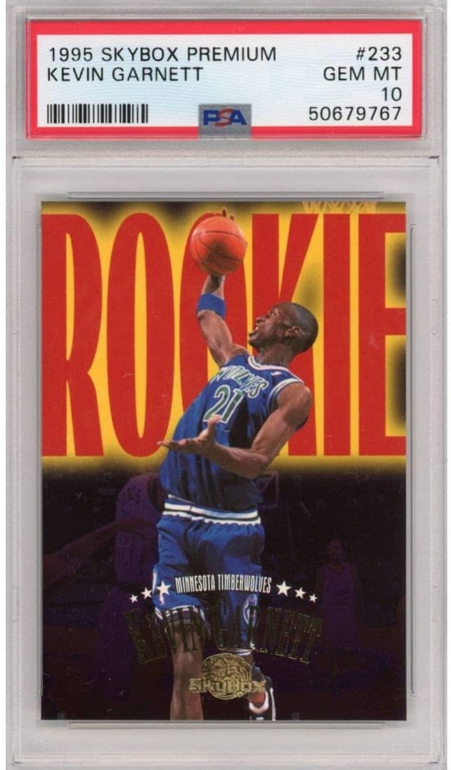 1995-96 Skybox Premium Kevin Garnett Rookie Card PSA 10 NBA: 1995-96 Skybox Premium Kevin Garnett Rookie Card PSA 10 NBA This is a graded 1995-96 Skybox Premium Kevin Garnett #233 Rookie RC Basketball Card, graded a PSA 10 Gem Mint. The card features Kevin Garn