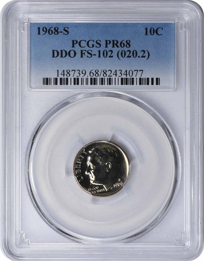 1968-S Roosevelt Dime DDO Proof PR68 PCGS Uncirculated: 1968-S Roosevelt Dime DDO Proof PR68 PCGS Uncirculated This 1968-S Roosevelt Dime is a stunning example of numismatic craftsmanship, featuring a high-grade PR68 rating by PCGS. Struck in San Francisco