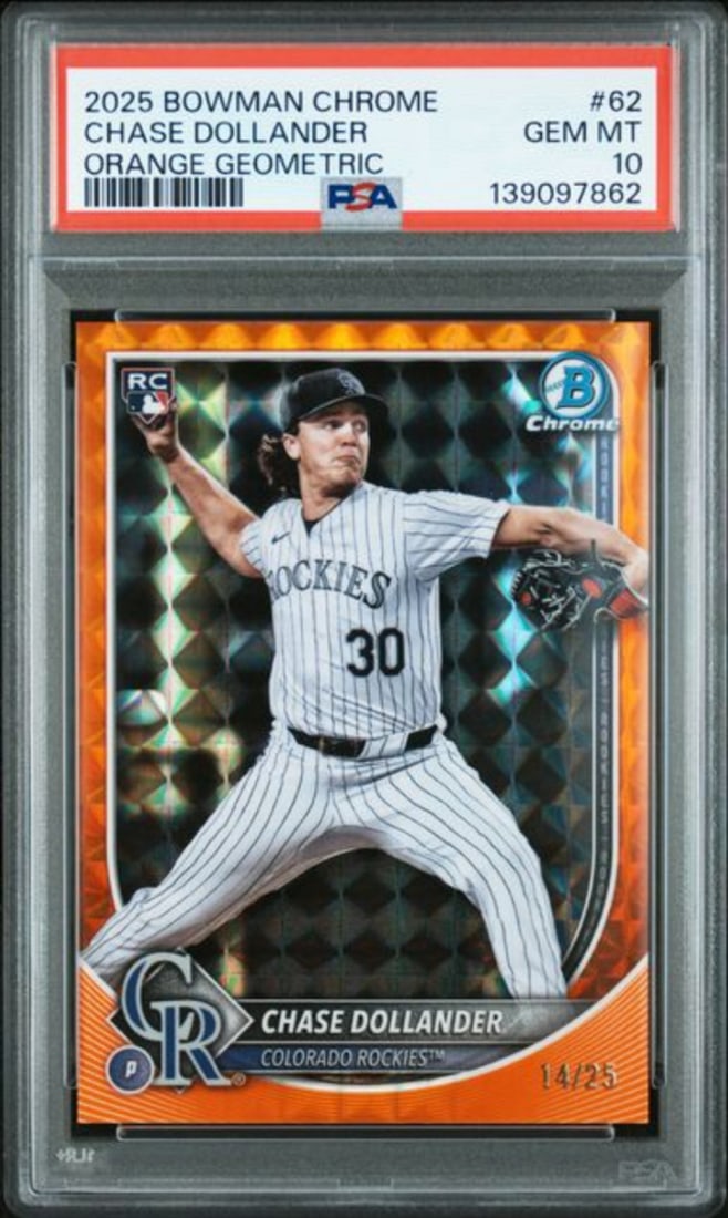 PSA 10 2025 Bowman Chrome Orange RC Chase Dollander #62 Baseball Card: PSA 10 2025 Bowman Chrome Orange RC Chase Dollander #62 Baseball Card This is a graded 2025 Bowman Chrome Chase Dollander #62 Orange /25 rookie baseball card featuring Chase Dollander of the Colorado 