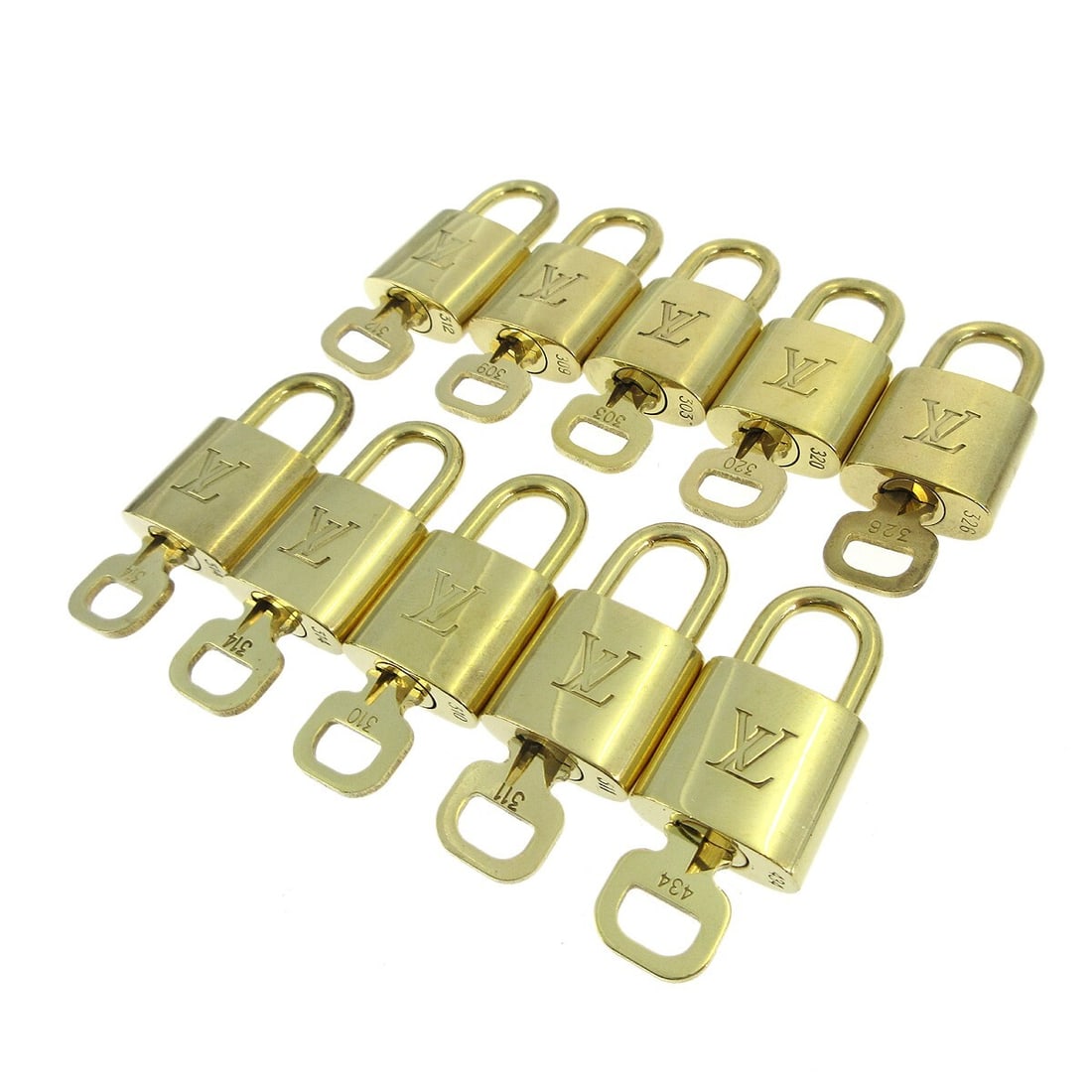 Set of 10 Louis Vuitton Gold Tone Padlocks and Keys Bag Charms: Set of 10 Louis Vuitton Gold Tone Padlocks and Keys Bag Charms This unisex Louis Vuitton padlock and key bag accessory set includes ten gold-tone pieces, designed as stylish charms for your bag. Each 