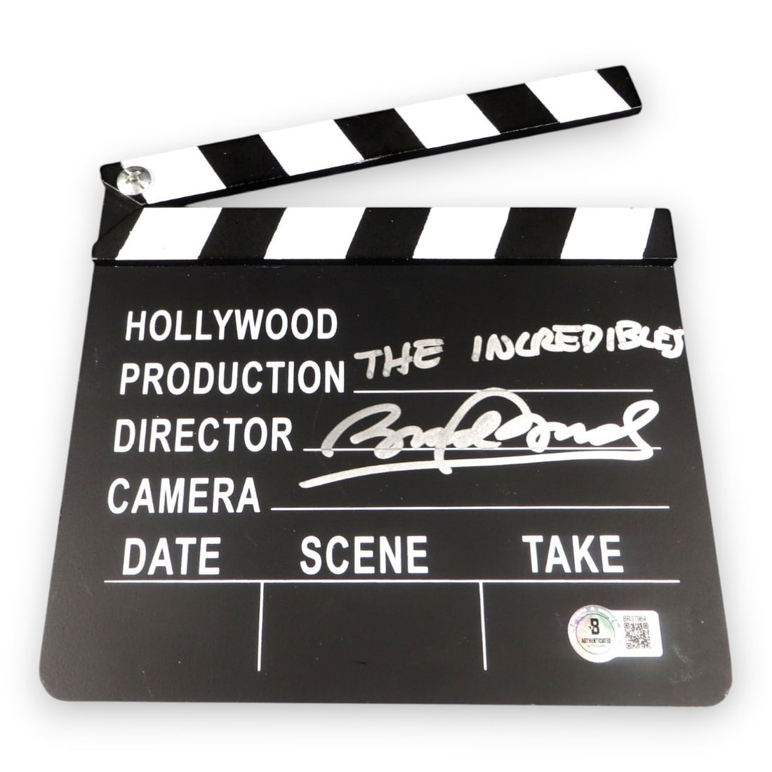Brad Bird Autographed Movie Clapper The Incredibles BAS Certified: Brad Bird Autographed Movie Clapper The Incredibles BAS Certified This movie clapper is signed by Brad Bird, the esteemed director of "The Incredibles." It comes with authentication from Beckett, ensu