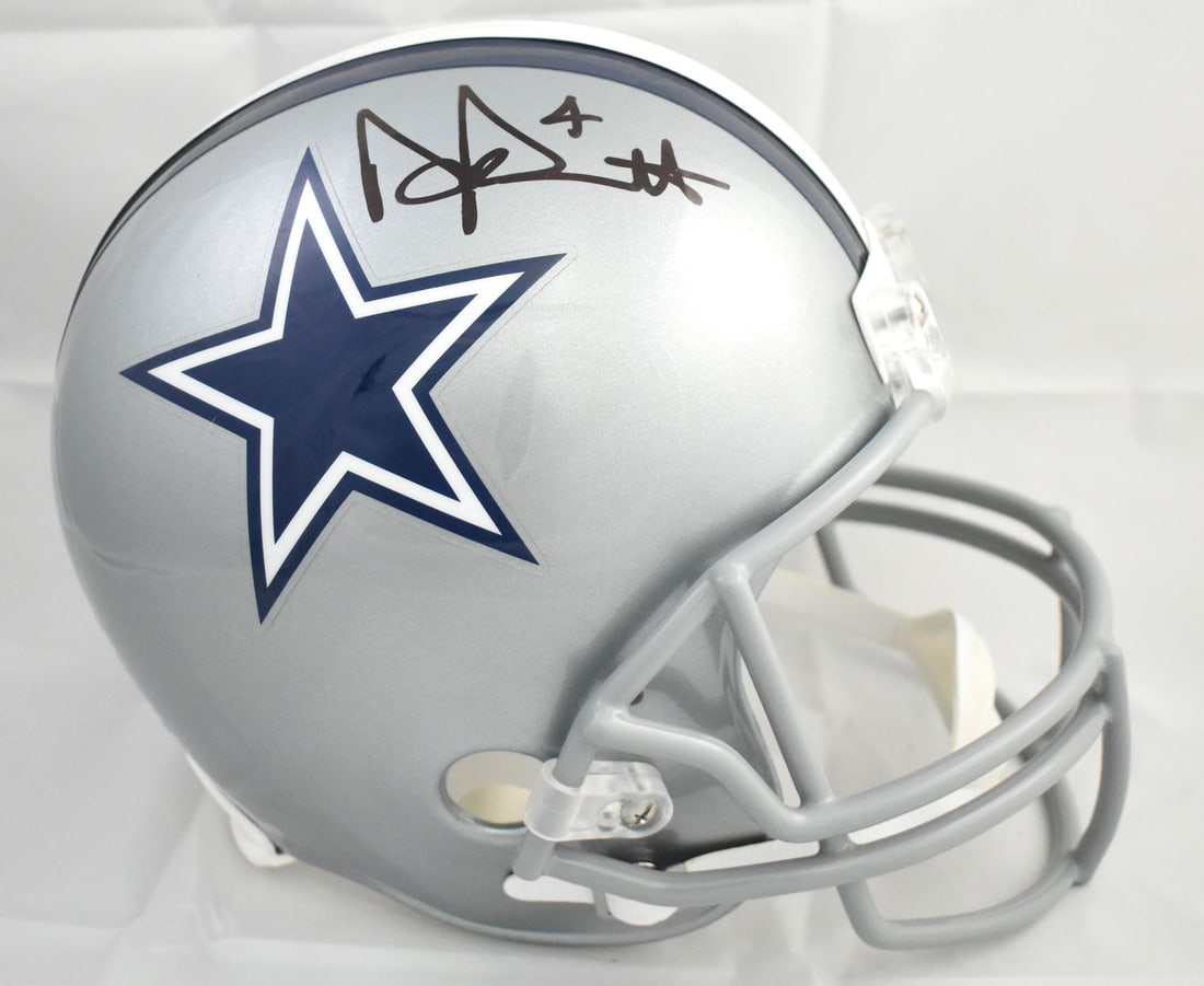 Dallas Cowboys Full Size Helmet Signed by Dak Prescott Beckett Authenticated: Dallas Cowboys Full Size Helmet Signed by Dak Prescott Beckett Authenticated This is a pre-owned Dallas Cowboys full-size football helmet autographed by Dak Prescott. The helmet is an original item an