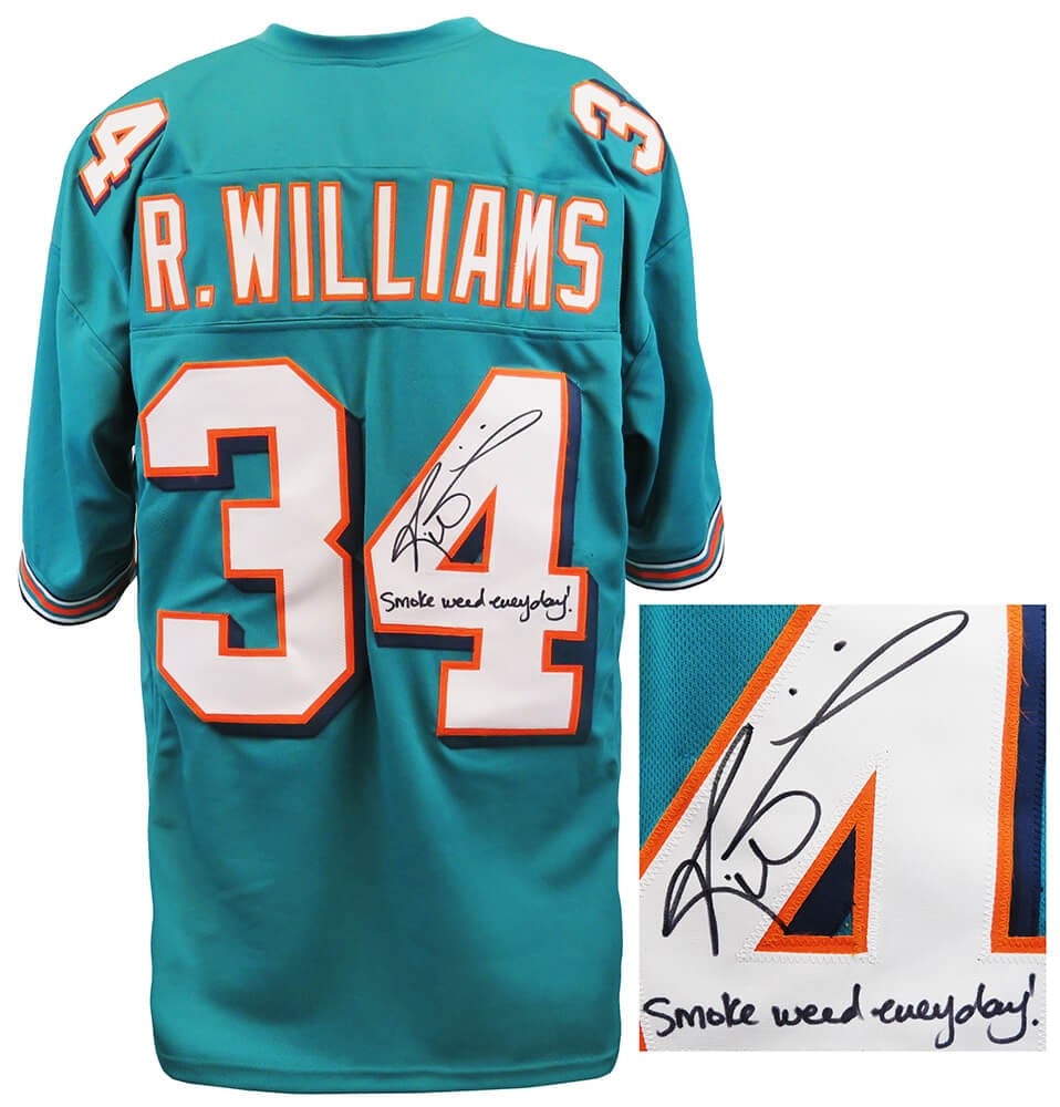 Ricky Williams Signed Teal NFL Jersey Smoke Weed Everyday COA: Ricky Williams Signed Teal NFL Jersey Smoke Weed Everyday COA Celebrate the legacy of Ricky Williams with this signed teal custom football jersey from the Miami Dolphins. The jersey features the uniqu