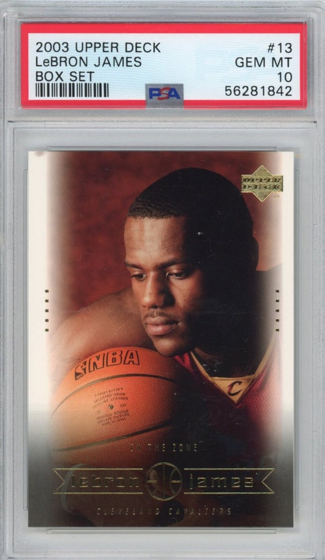 2003-04 Upper Deck LeBron James Rookie Card #13 PSA 10 Mint Box Set: 2003-04 Upper Deck LeBron James Rookie Card #13 PSA 10 Mint Box Set This is a graded 2003-04 Upper Deck LeBron James #13 Box Set Rookie Card, certified in PSA 10 Mint condition. This card features LeB